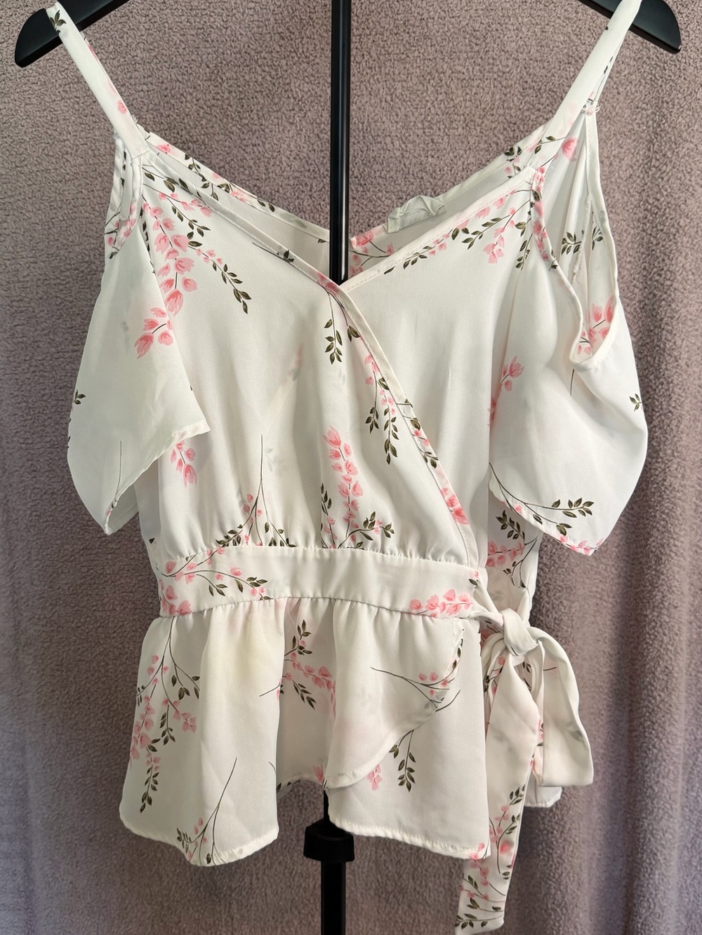 Sienna Sky Ivory Pink Floral Cold Shoulder Wrap Peplum Top